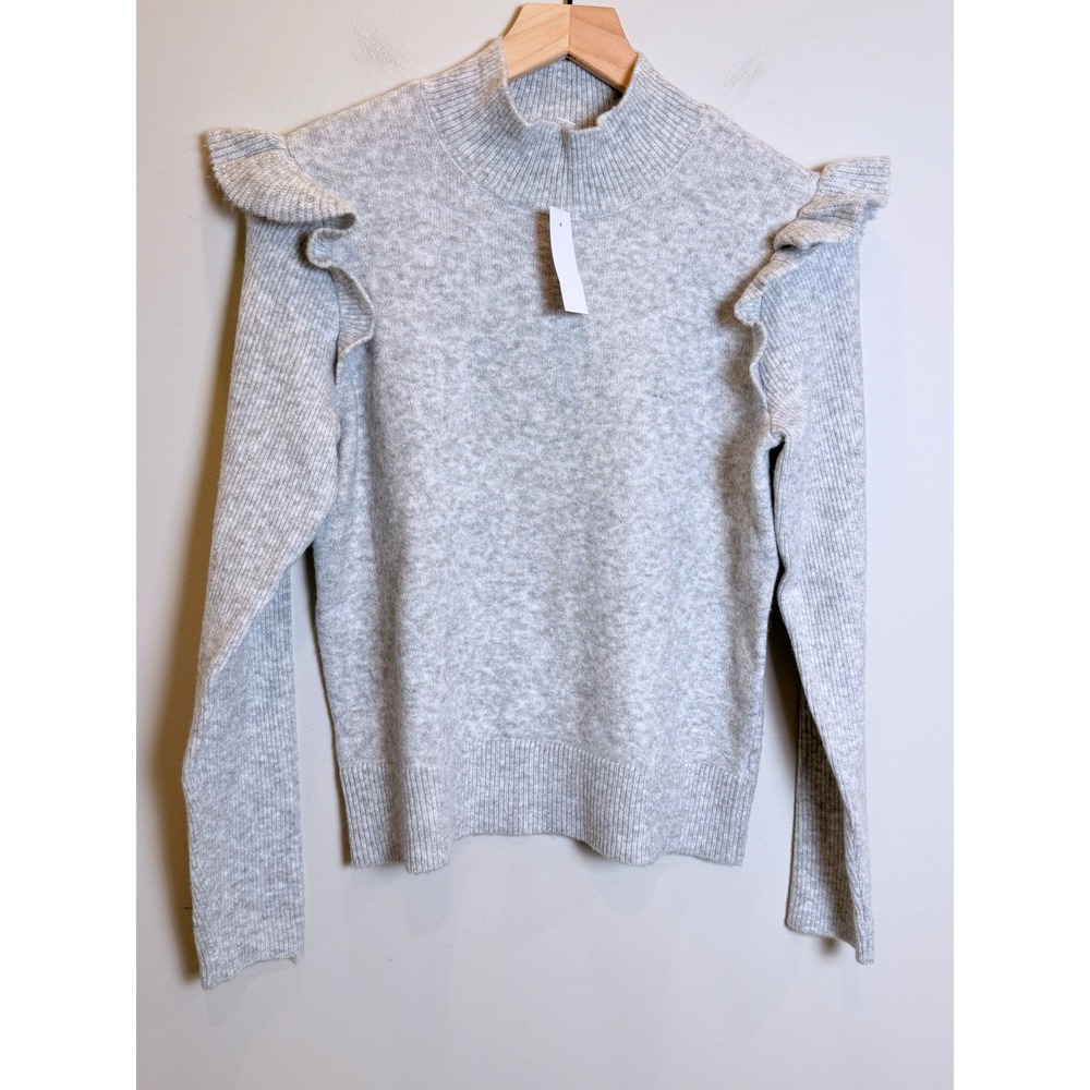 NWT LOFT Ruffle Shoulder Mock Neck Ribbed Sleeve Sweater Soft Cozy Gray M New